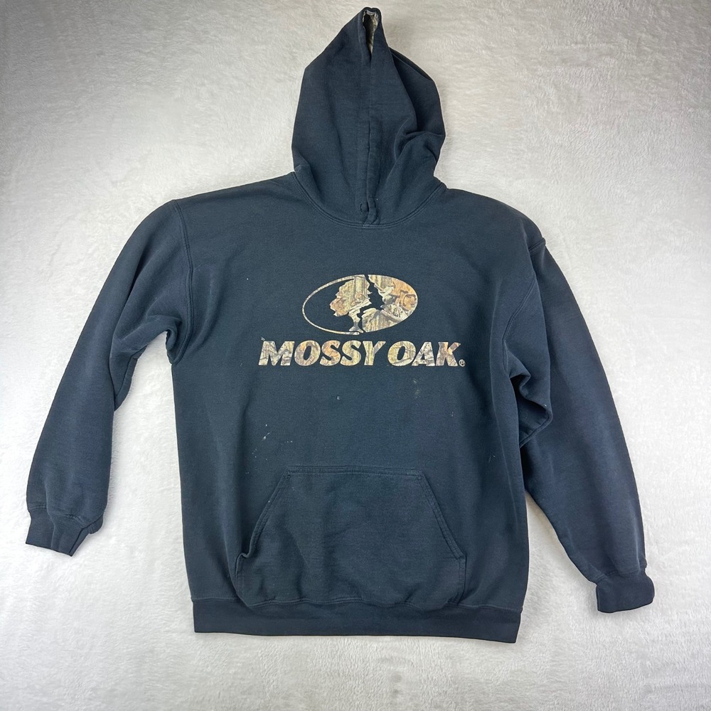 Stained Mossy Oak Hoodie Mens L Regular Black Camo Logo Pullover Sweatshirt VTG